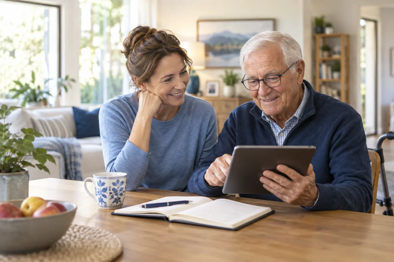 Older patient and caregiver reviewing records on a tablet